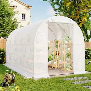 13 x 6 ft White Outdoor Walk In Tunnel Greenhouse with Steel Frame Roll Up Door Windows