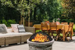 Homeology Fireology SAMUI Beige Majestic Garden Fire Pit Brazier and Barbecue with Eco-Stone Finish