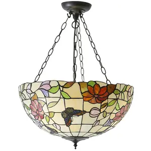 Large Tiffany Butterfly Pendant Ceiling Light - Dark Bronze Finish - 3 x 60W E27 GLS