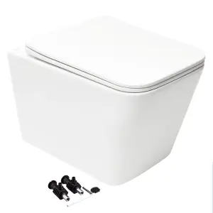 Square Hidden Fixation Wall Hung Rimless Toilet WC Pan & Soft Close Slim Seat - Gloss White