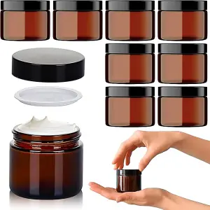 8 Pack Amber Glass Jars 60ml with Lids, Spatula & Liner - UV Protected Travel Cosmetic Pots for Cream, Ointment, & More