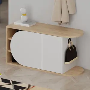 Decortie Nova Shoe Bench Storage Oak, White Engineered Wood 2-Door Oval Cut Edge 104(W)cm with Metal Hook Organiser Hallway