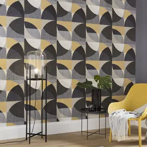 Galerie Elle Decoration Gold Mustard Grey Cream Geometric Circle Graphic Embossed Wallpaper