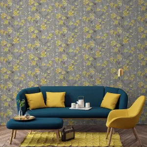 Paul Moneypenny Ochre Anethe Blossom Trail Textured Charcoal Wallpaper for Grandeco