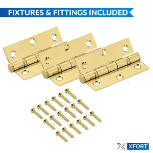 XFORT 3 Inch (75mm) Polished Brass Ball Bearing Hinges, Steel Door Hinge for Wooden Doors (1.5 Pairs)