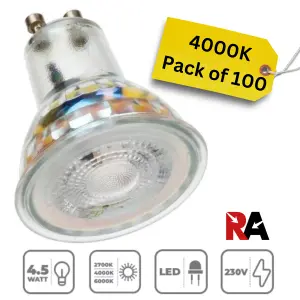 LED GU10 Bulbs 4.5W 4000K Non-Dimmable: 100 Pack