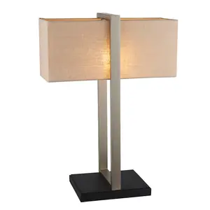 Satin Nickel Framed Table Lamp Light & Rectangular Linen Shade - Matt Black Base