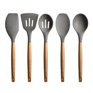 Non-Stick Cooking Utensils, Silicone Kitchen Utensils Set With Natural Acacia Hard Wood Handle, 5 Piece, Black, BPA Free, Baking & Serving Wooden Cooking Spoon Grey