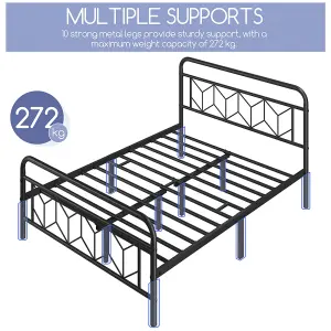 Yaheetech Black 4ft6 Double Metal Bed Frame with Diamond Pattern Headboard and Footboard