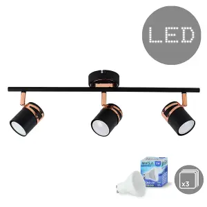 ValueLights Garcia 3 Way Black Ceiling Bar Spotlight and GU10 Spotlight LED 5W Cool White 6500K Bulbs