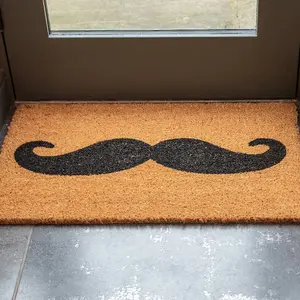 Printed Natural Coir Door Mat Novelty Moustache Decorative Heavy Duty Entrance Mat 45cm x 75cm Indoor / Sheltered Outdoor Use