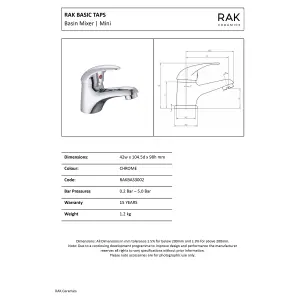 RAK Basic Polished Chrome Modern Basin Cloakroom Sink Mixer Tap Solid Brass