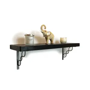 Solid Wood Handmade Rustical Shelf Black Ash 225mm 9 inch with Black Metal Bracket WPRP Length of 80cm