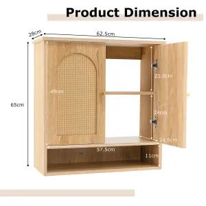 Costway Wall Mounted Storage Cabinet 3-Tier Bathroom Cabinet w/ 2 Rattan Doors