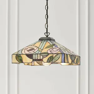 Tiffany Glass Hanging Ceiling Pendant Light Bronze & Square Rose Shade i00156