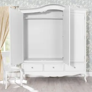 Juliette Triple Wardrobe. French Style Triple Wardrobe with Crystal Handles - White