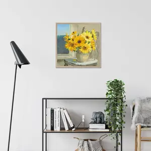 Sunflowers By The Sea Crop Light by Danhui Nai - Painting Natural Wood Framed Paper Print / 55cm H x 55cm W