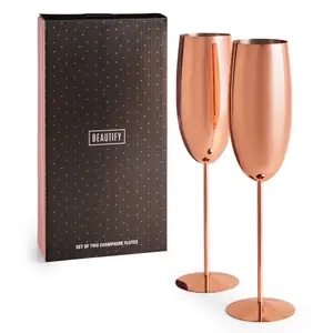 BTFY Rose Gold Champagne Flutes Set, 2 Copper Stainless Steel Prosecco Glasses, 250ml Shatterproof Champagne Tulip Glasses w/ Long