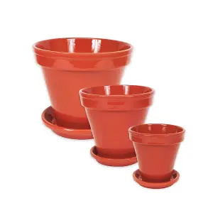 Dipped Red Hand Painted Set of 3 Classic Pots & Drainage Plates (D) 16-29cm