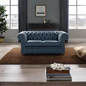 Chesterfield 2 Seater Shelly Suffolk Blue Real Leather Sofa Settee Bespoke In Classic Style