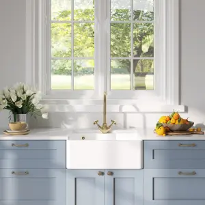 Fireclay Single Bowl Butler Kitchen Sink Tap Ledge, Overflow  & Tap Hole 595mm