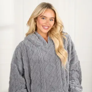 Cable Knit Hoodie Blanket Fleece Wearable Throw Warm Giant Plush Soft, Grey