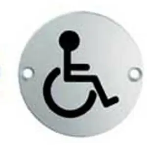 Bathroom Door Disabled Symbol Sign 64mm Fixing Centres 76mm Dia Polished Steel