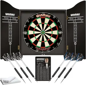 Winmau Professional Dart Set includes Diamond Plus Dartboard, Black Cabinet, 2 Sets of Darts, Official Oche Line