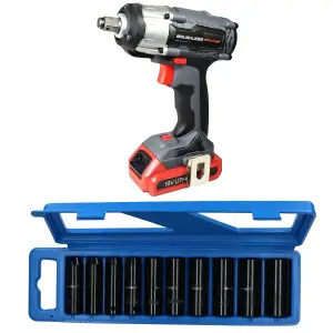 18v 1/2" Drive Li-on Cordless Battery Impact Gun & 10 Deep MM Impact Sockets