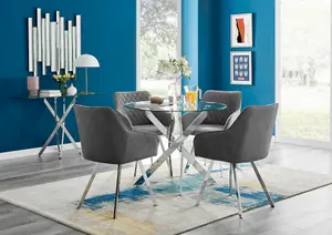 Furniturebox UK Novara Chrome Metal Round Glass Dining Table And 4 Dark Grey Falun Silver Leg Chairs