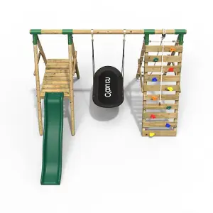 Rebo Wooden Swing Set with Deck and Slide plus Up and Over Climbing Wall - Onyx Green