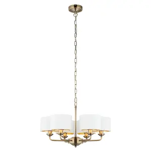 Haywood Antique Brass with Vintage White Faux Silk Shades Classic Modern 6 Light Ceiling Pendant