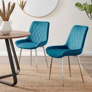 Palermo Velvet Modern Dining Chairs with Tapered Metal Legs & Quilted Diamond Stitching (Set of 2) Blue / Silver