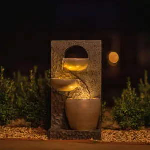 Primrose Solar Powered Pouring Bowls Tiered Cascading Water Wall Water Feature With Battery Backup and LED Lights H48cm