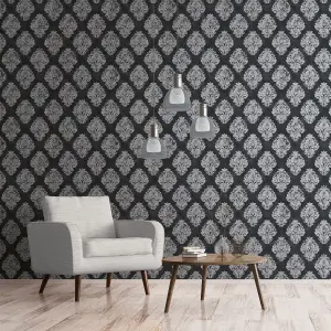 Galerie Metallic Fx Black Silver Metallic Damask Textured Wallpaper