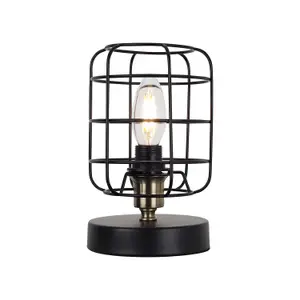 First Choice Lighting Set of 2 Cage Black and Antique Brass Industrial Style Table Lamps