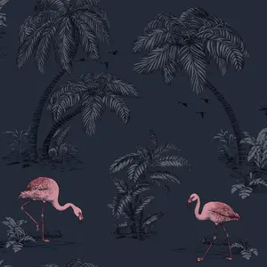 Holden Decor Flamingo Lake Midnight Blue/Pink Tropical Smooth Wallpaper