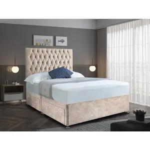 Jemma Divan Bed Set with Headboard and Mattress - Crushed Fabric, Cream Color, 2 Drawers Left Side