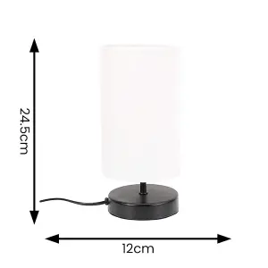 ValueLights Francis Pair - Matt Black Cylinder Touch Dimmer Table Lamp with White Fabric Shade Bedside Light