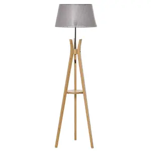 HOMCOM Tripod Floor Lamp Light E27 Base w/ Fabric Shade Storage Shelf, Grey