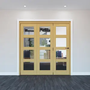 Vertical 0 panel 4 Lite Plain Clear Glazed Shaker Unfinished White oak effect Timber White oak veneer Internal Folding Door set, (H)2060mm (W)1793mm