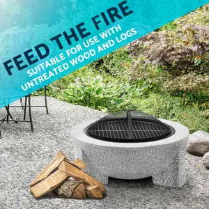 Round MgO Fire Pit with BBQ Grill, 75cm, Safety Mesh Screen - Light Grey - DG190