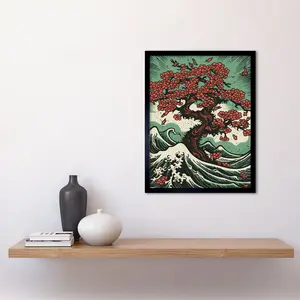 Paltrow Japanese Cherry Blossom Tree And Wavy Sea - Single Picture Frame Print