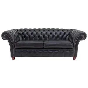 Chesterfield 3 Seater Old English Black Leather Sofa Bespoke In Balmoral Style