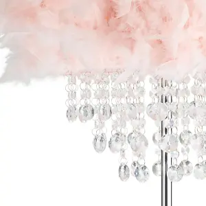 Modern Chandelier Style Pink Feather Floor Lamp with Waterfall Acrylic Droplets