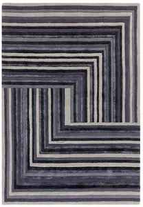 Indigo Striped Wool Handmade Luxurious Modern Abstract Optical/ (3D) Rug Easy to clean Living Room and Bedroom-200cm X 290cm