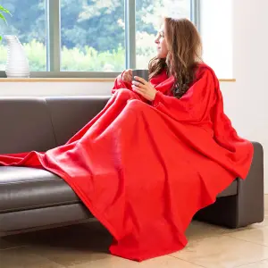 Snug Rug Cosy Sleeved Fleece Blanket With Sleeves and a Handy Pouch Pocket - RED