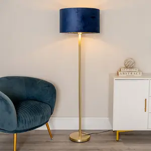 ValueLights Charles Gold Stem Floor Lamp with Navy Blue Velvet with Gold Inner Lamp Shade and LED Bulb