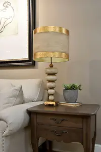 Table Lamp Gold Base Textured Pebble Shapes Gold Leaf Striped Shade LED E27 60W