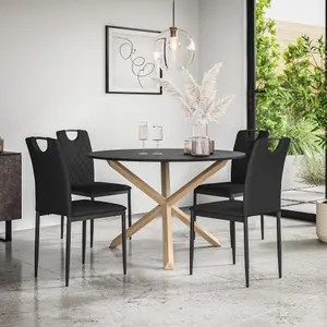 Malvern Round Dining Table And Chairs -  Black Table Top w Solid Oak Legs + Monza Faux Leather Dining Chair Set Of 4 (Black)